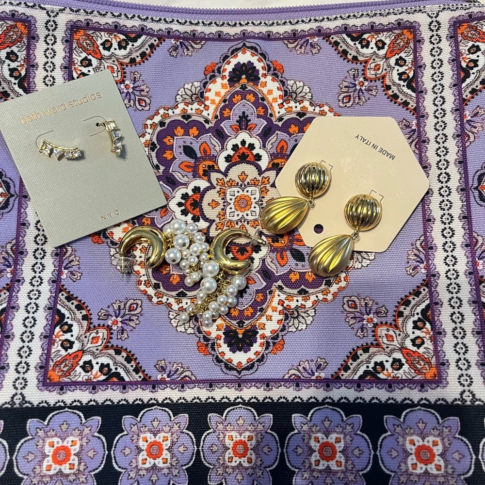 Ann Taylor cosmetic bag and earrings (4 items total)